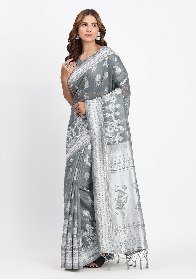 Grey Wevon Linen Cotton Saree Set