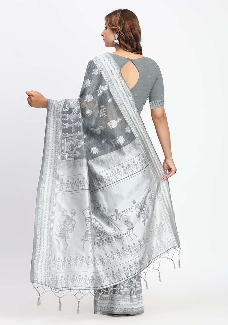 Grey Wevon Linen Cotton Saree Set - Indya