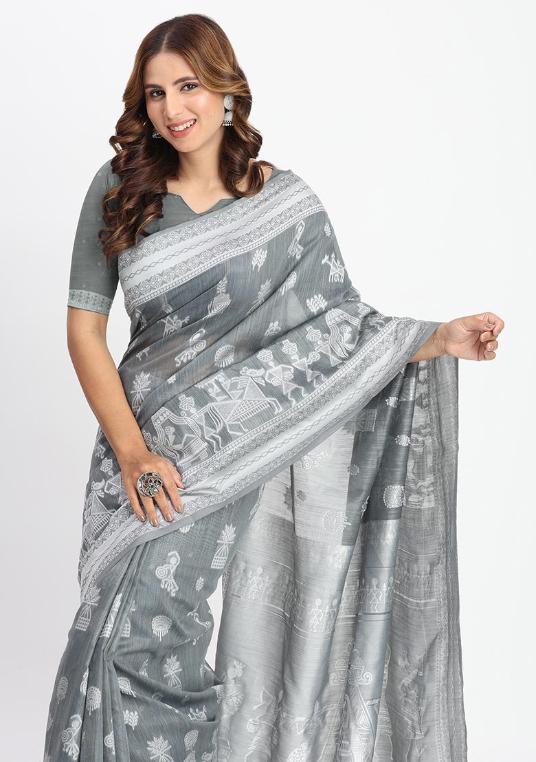 Grey Wevon Linen Cotton Saree Set