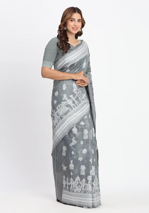 Grey Wevon Linen Cotton Saree Set