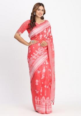 Red Wevon Linen Cotton Saree Set