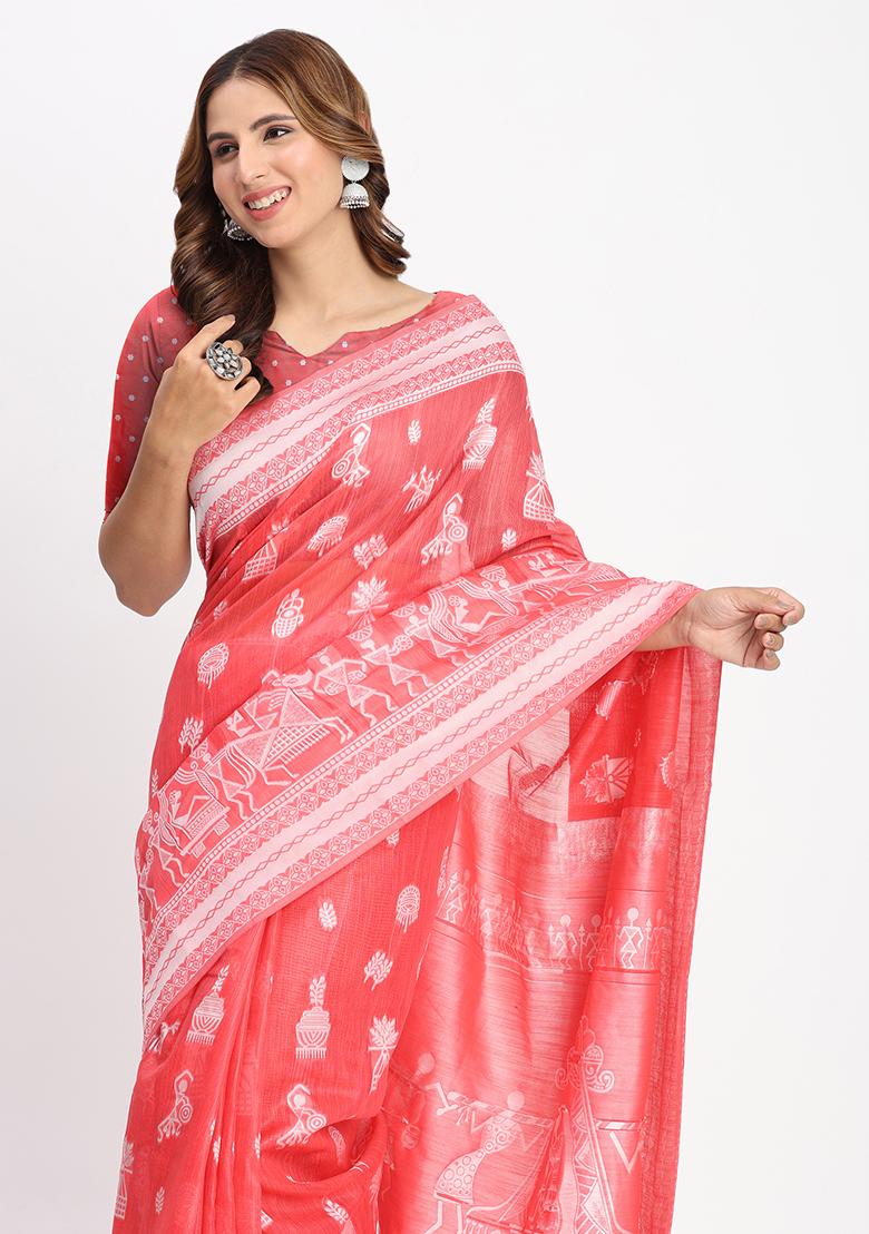 Red Wevon Linen Cotton Saree Set