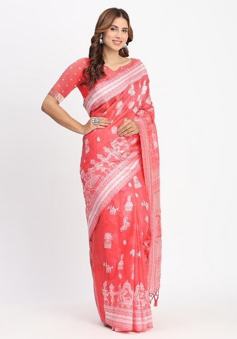 Red Wevon Linen Cotton Saree Set