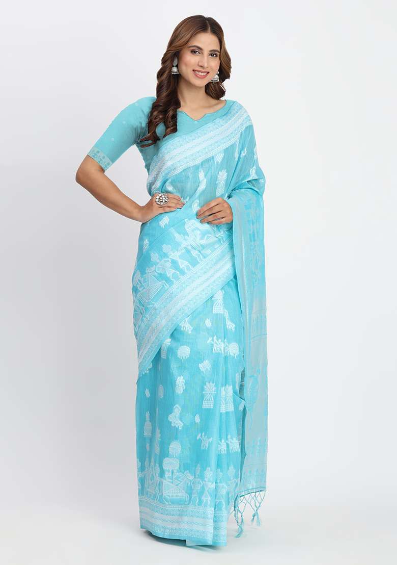 Sky Blue Wevon Linen Cotton Saree Set - Indya