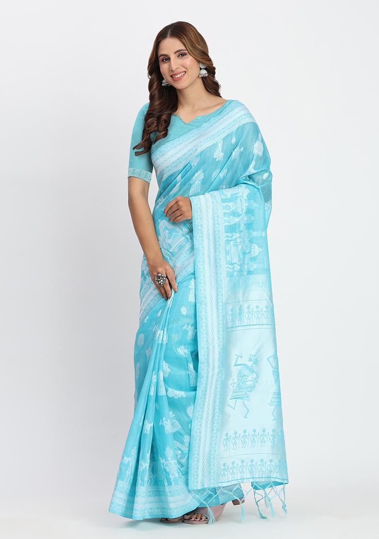 Sky Blue Wevon Linen Cotton Saree Set