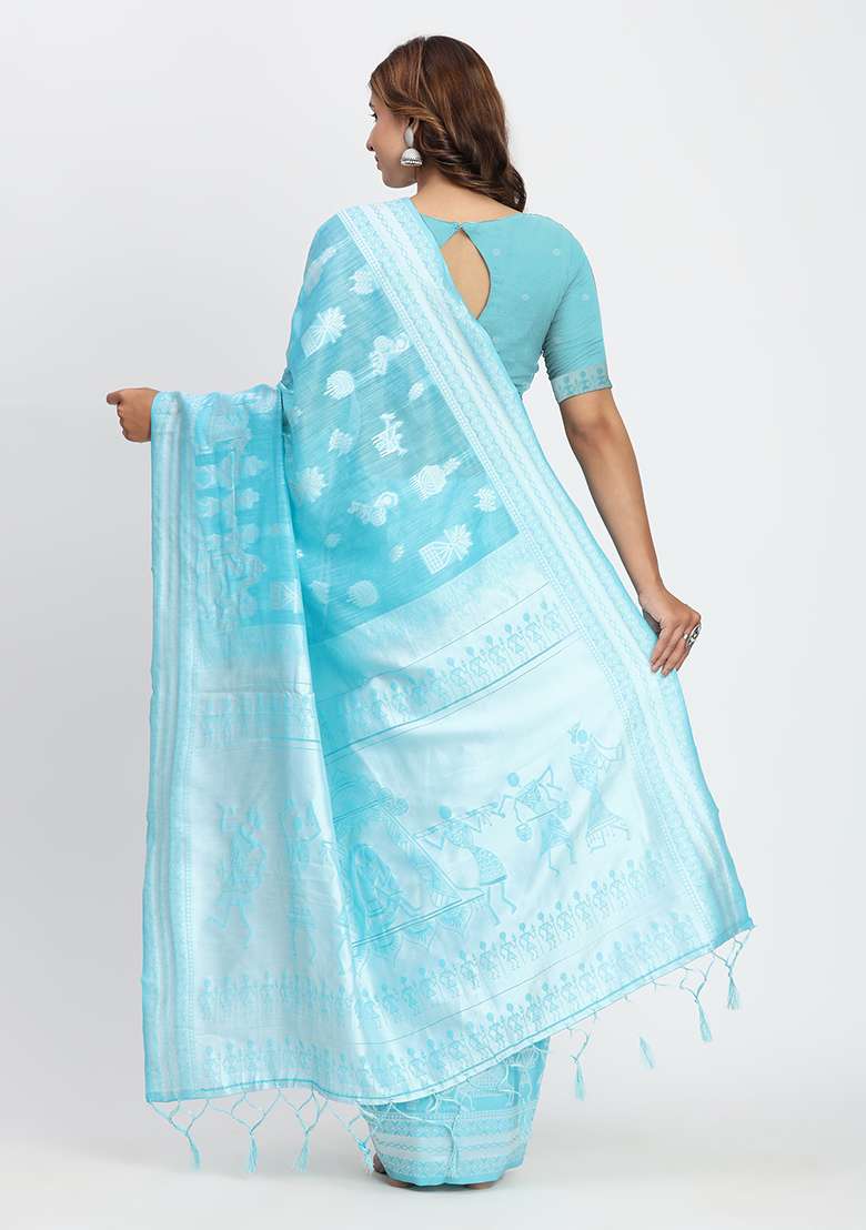 Sky Blue Wevon Linen Cotton Saree Set - Indya