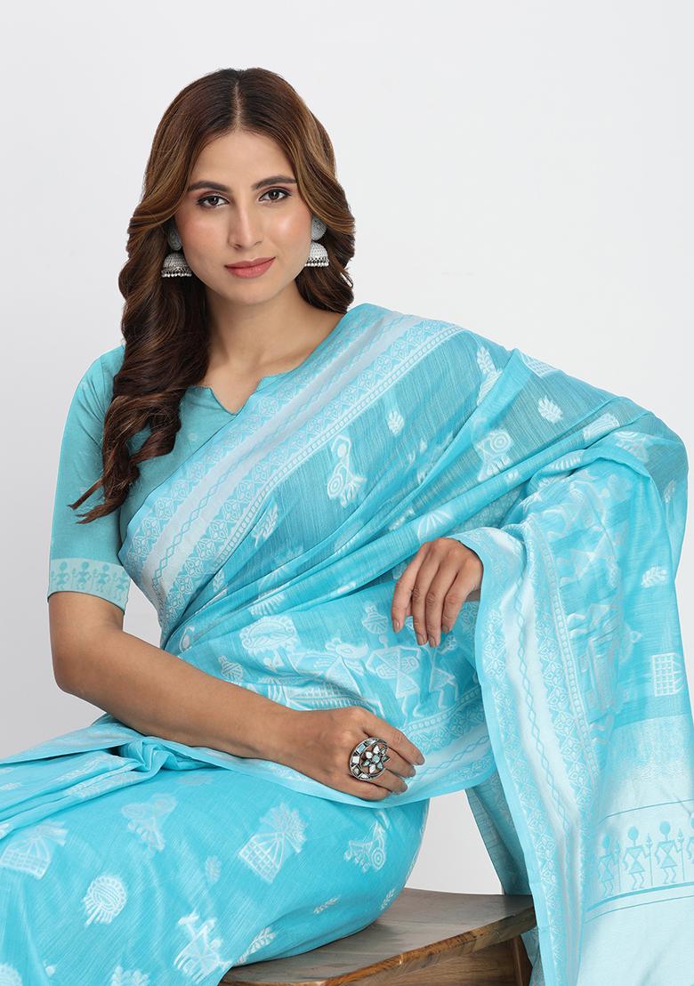 Sky Blue Wevon Linen Cotton Saree Set