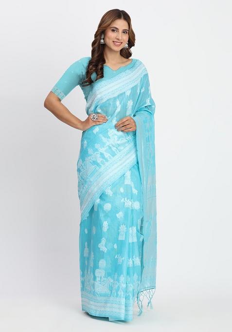 Sky Blue Wevon Linen Cotton Saree Set