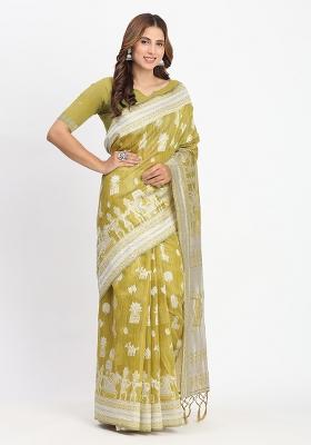 Mustard Yellow Wevon Linen Cotton Saree Set