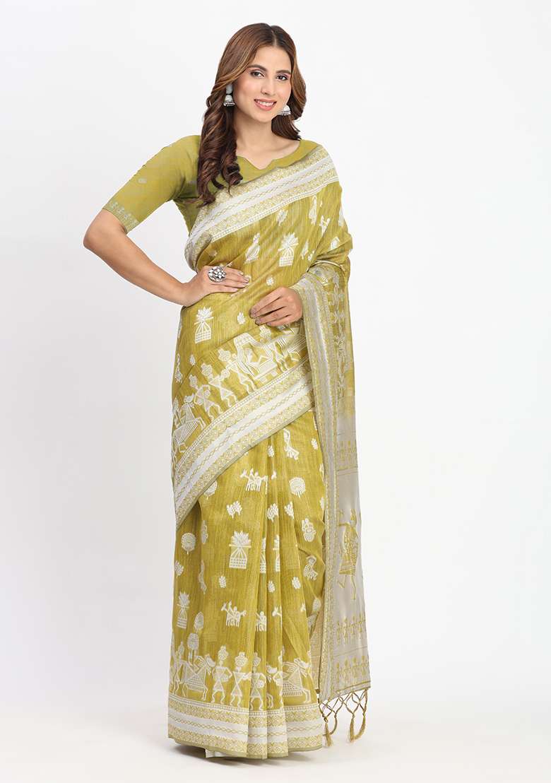 Mustard Yellow Wevon Linen Cotton Saree Set - Indya