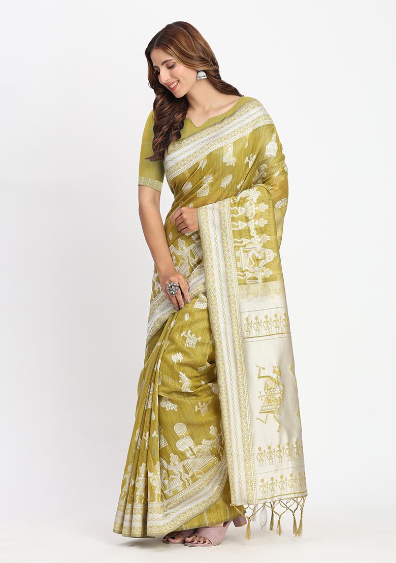 Mustard Yellow Wevon Linen Cotton Saree Set