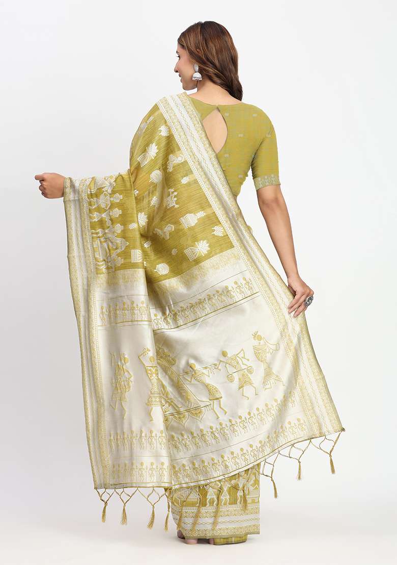 Mustard Yellow Wevon Linen Cotton Saree Set - Indya