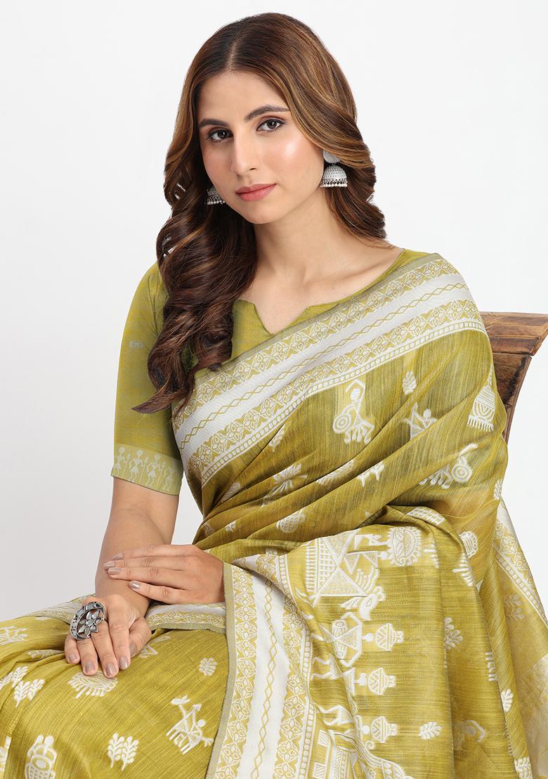 Mustard Yellow Wevon Linen Cotton Saree Set