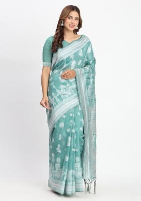 Sea Green Wevon Linen Cotton Saree Set