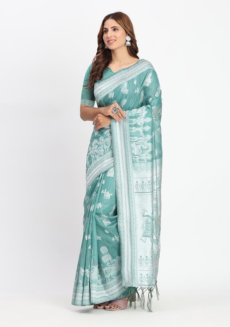 Sea Green Wevon Linen Cotton Saree Set