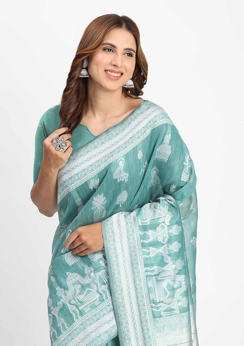 Sea Green Wevon Linen Cotton Saree Set