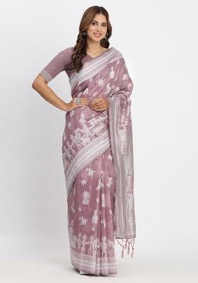 Purple Wevon Linen Cotton Saree Set