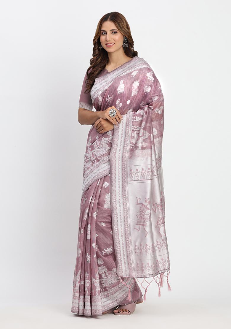Purple Wevon Linen Cotton Saree Set