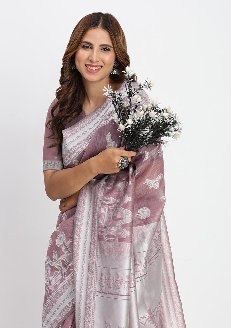 Purple Wevon Linen Cotton Saree Set