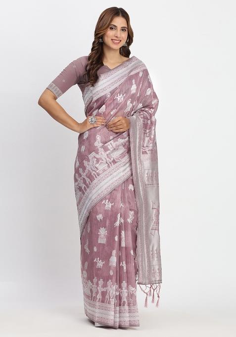Purple Wevon Linen Cotton Saree Set