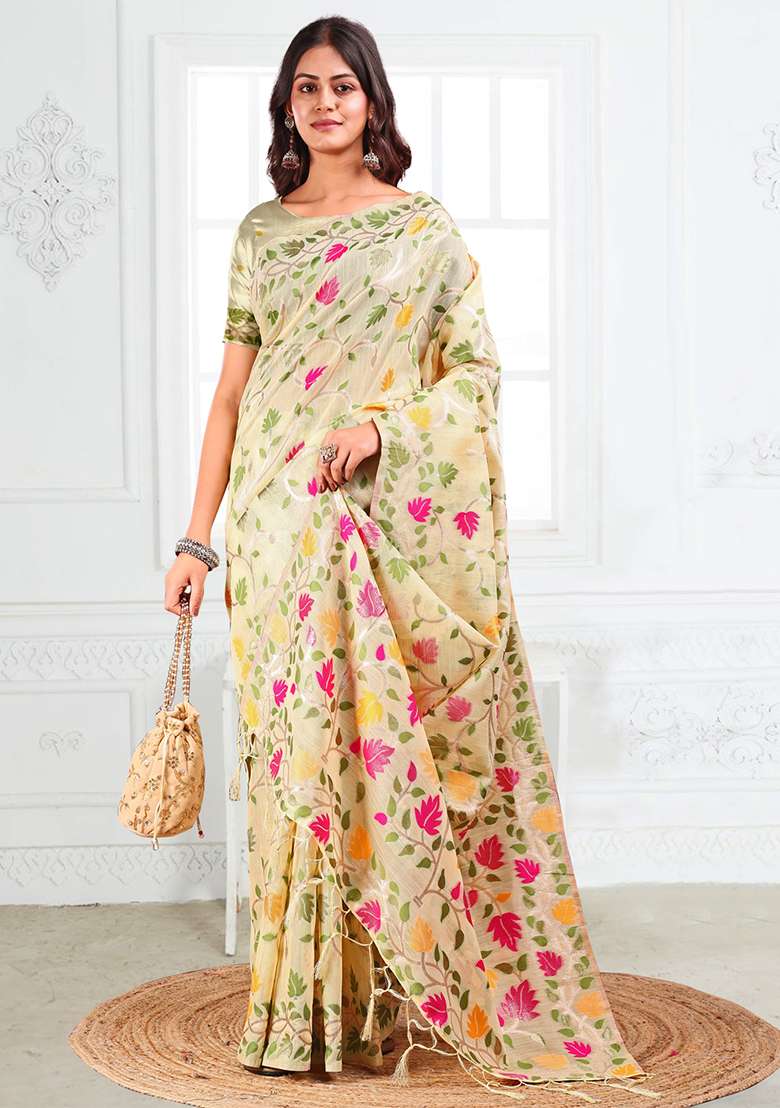 Off White Wevon Linen Cotton Saree Set - Indya