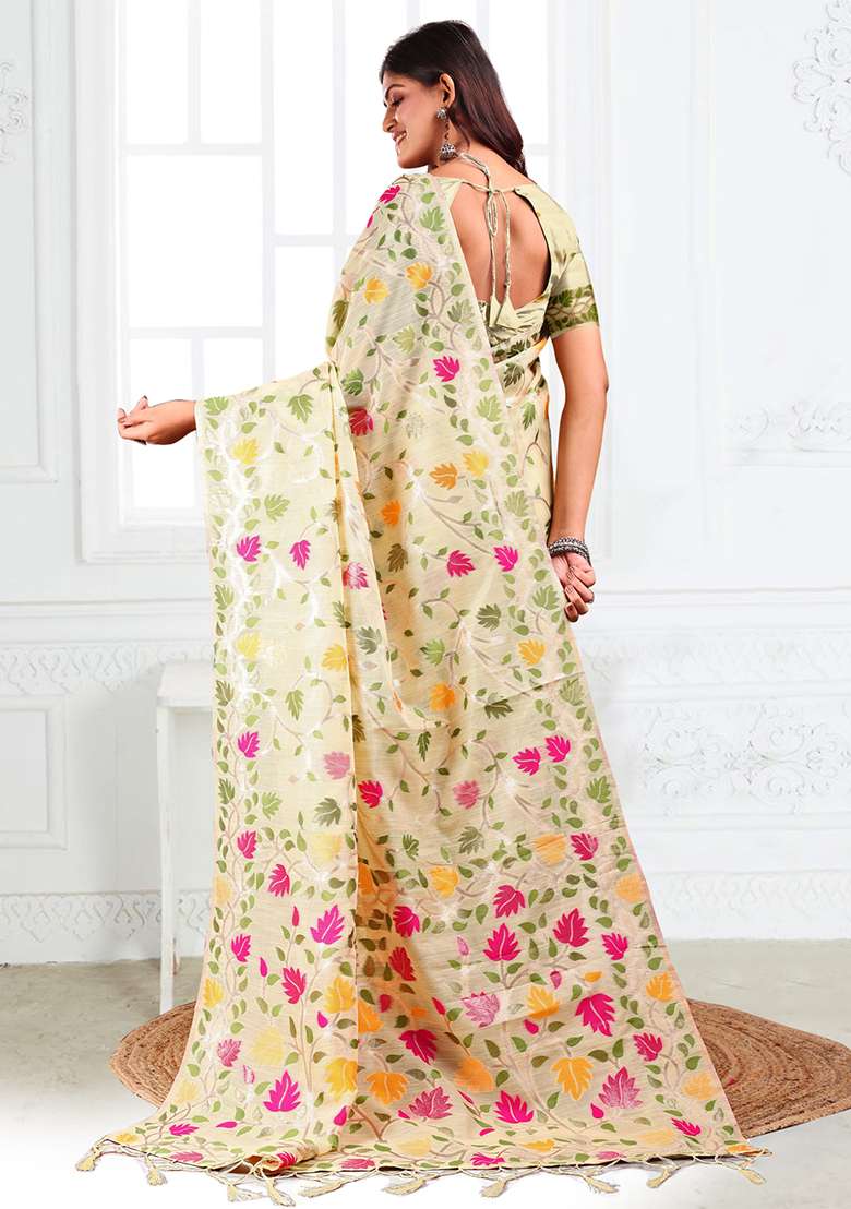 Off White Wevon Linen Cotton Saree Set - Indya