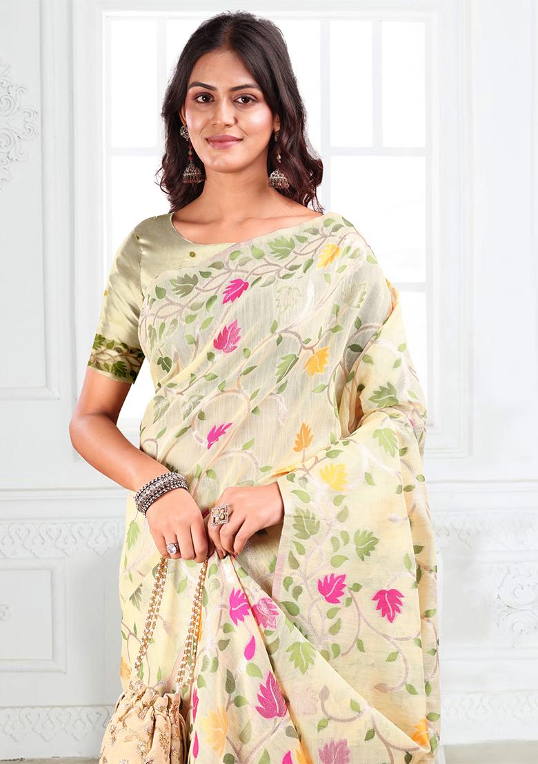 Off White Wevon Linen Cotton Saree Set