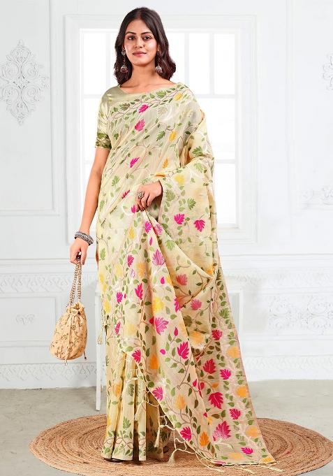 Off White Wevon Linen Cotton Saree Set