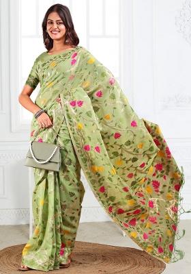 Pista Green Wevon Linen Cotton Saree Set