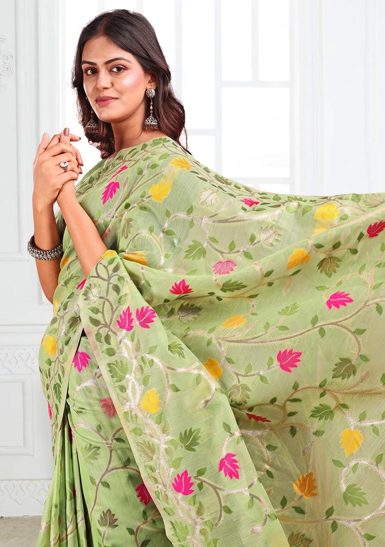 Pista Green Wevon Linen Cotton Saree Set