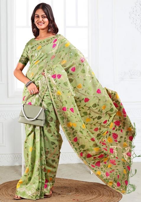Pista Green Wevon Linen Cotton Saree Set