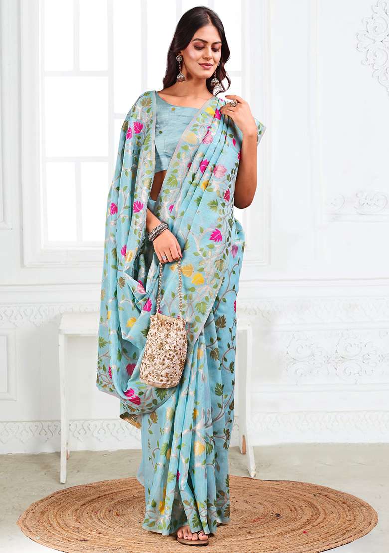 Sky Blue Wevon Linen Cotton Saree Set - Indya