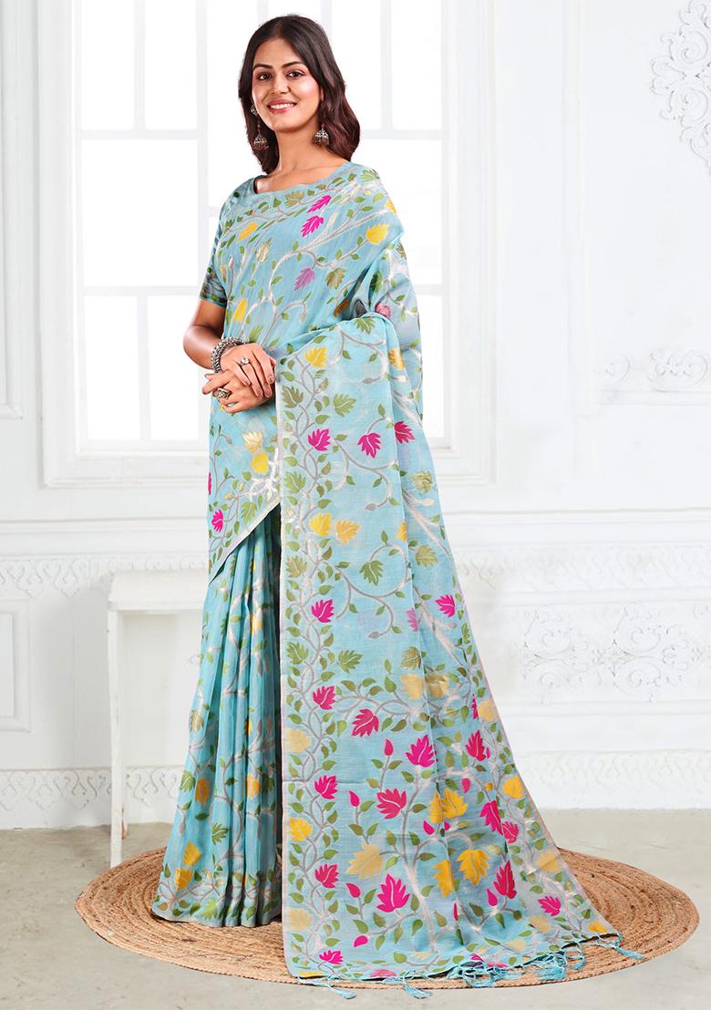 Sky Blue Wevon Linen Cotton Saree Set