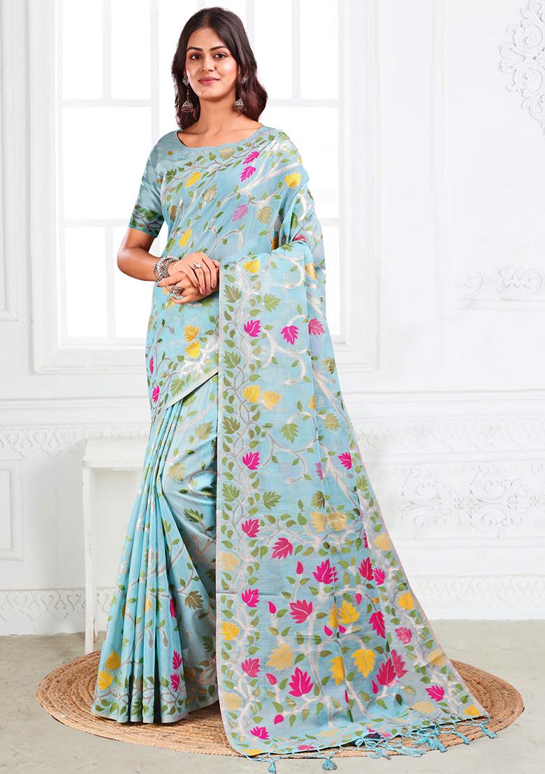 Sky Blue Wevon Linen Cotton Saree Set