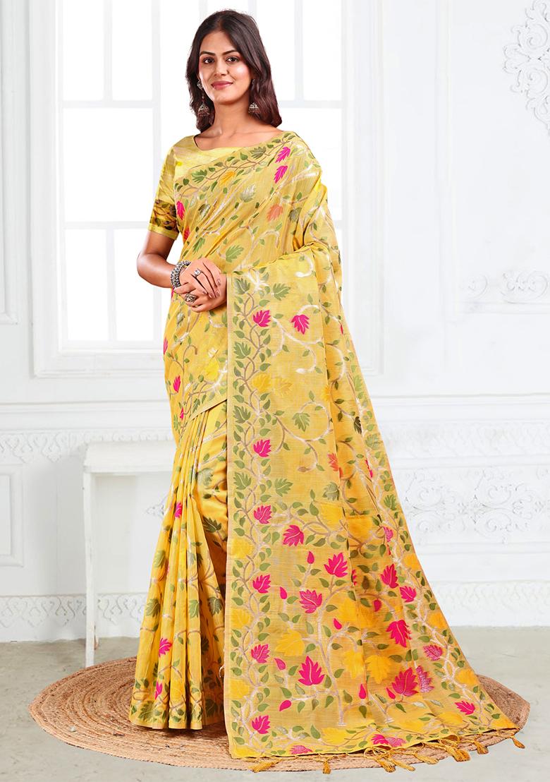 Yellow Wevon Linen Cotton Saree Set
