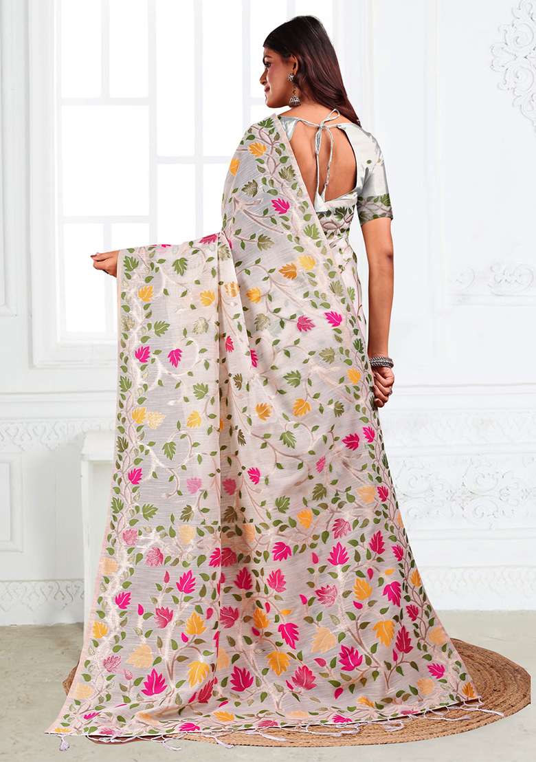 White Wevon Linen Cotton Saree Set - Indya