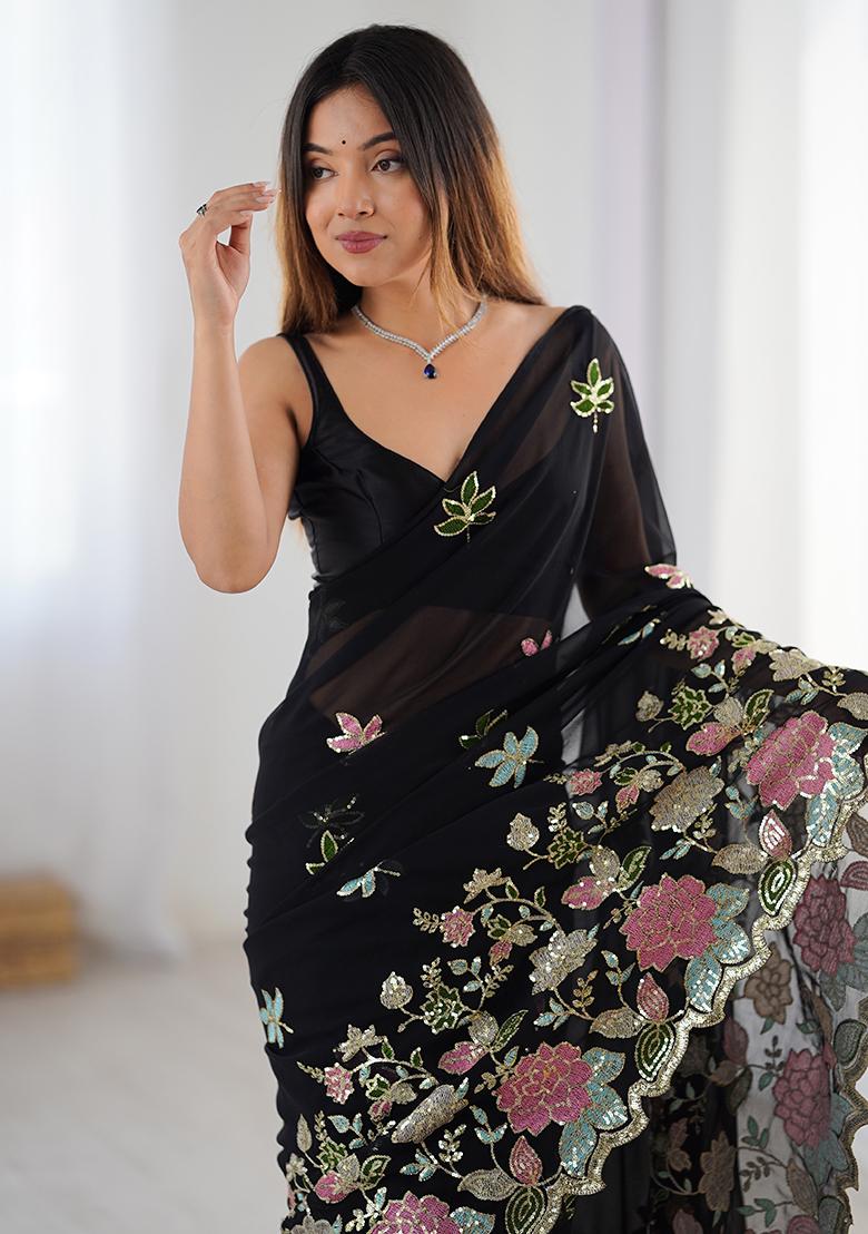 Black Embroidered Georgette Saree Set