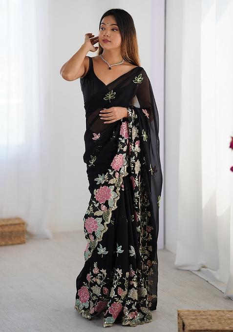 Black Embroidered Georgette Saree Set