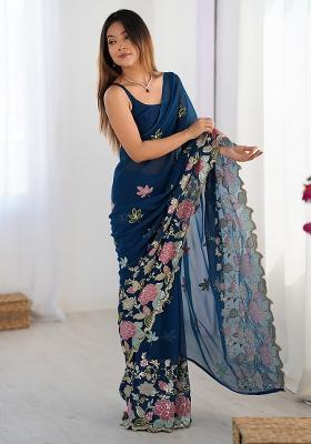 Blue Embroidered Georgette Saree Set