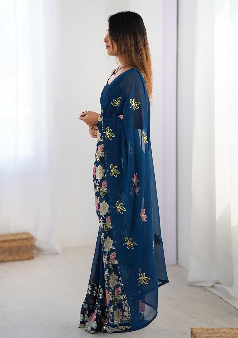Blue Embroidered Georgette Saree Set