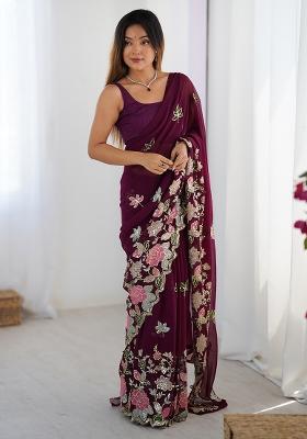 Wine Embroidered Georgette Saree Set