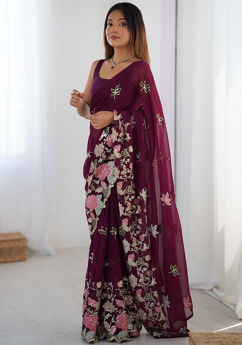 Wine Embroidered Georgette Saree Set