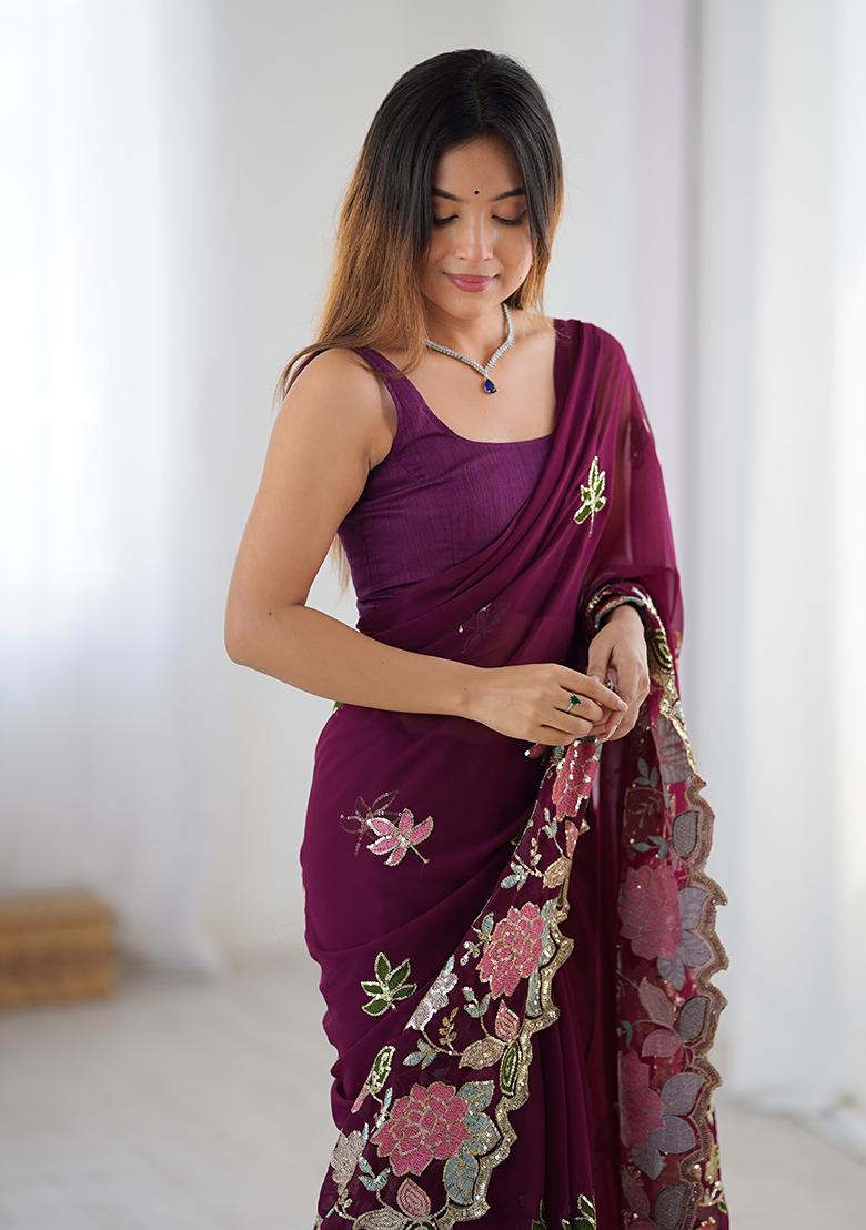Wine Embroidered Georgette Saree Set