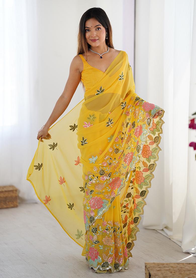 Yellow Embroidered Georgette Saree Set