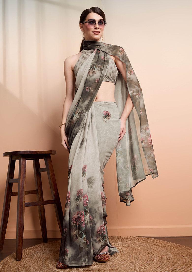 Silver Printed Georgette Saree Set