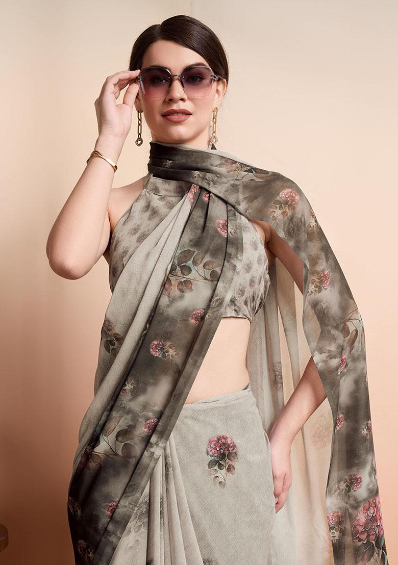 Silver Printed Georgette Saree Set
