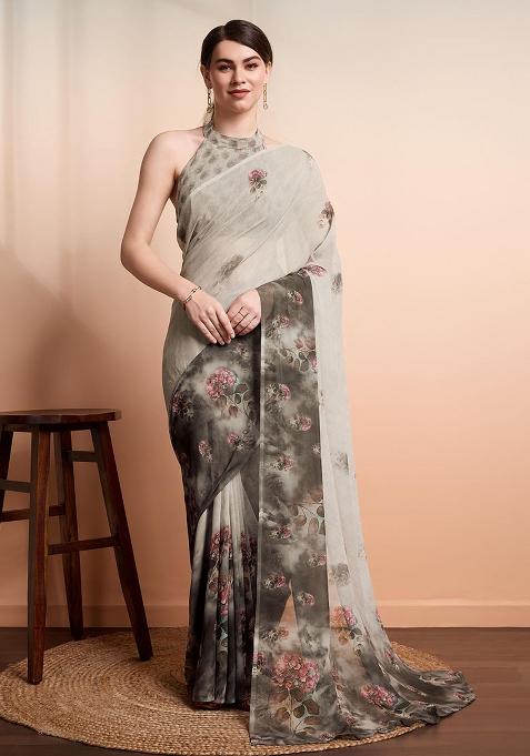 Silver Printed Georgette Saree Set