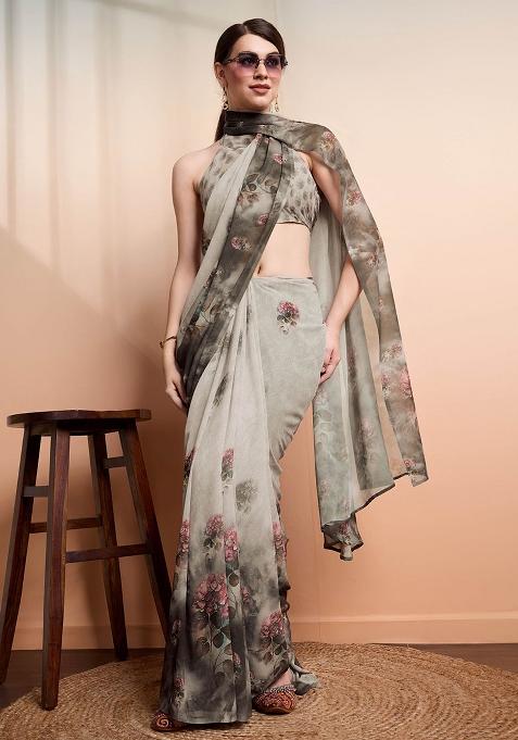 Silver Printed Georgette Saree Set