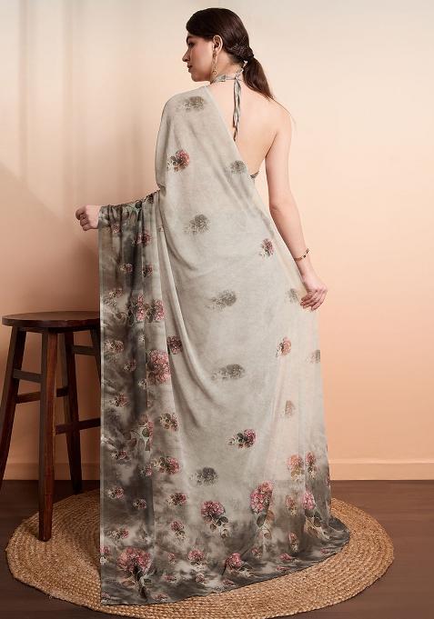 Silver Printed Georgette Saree Set