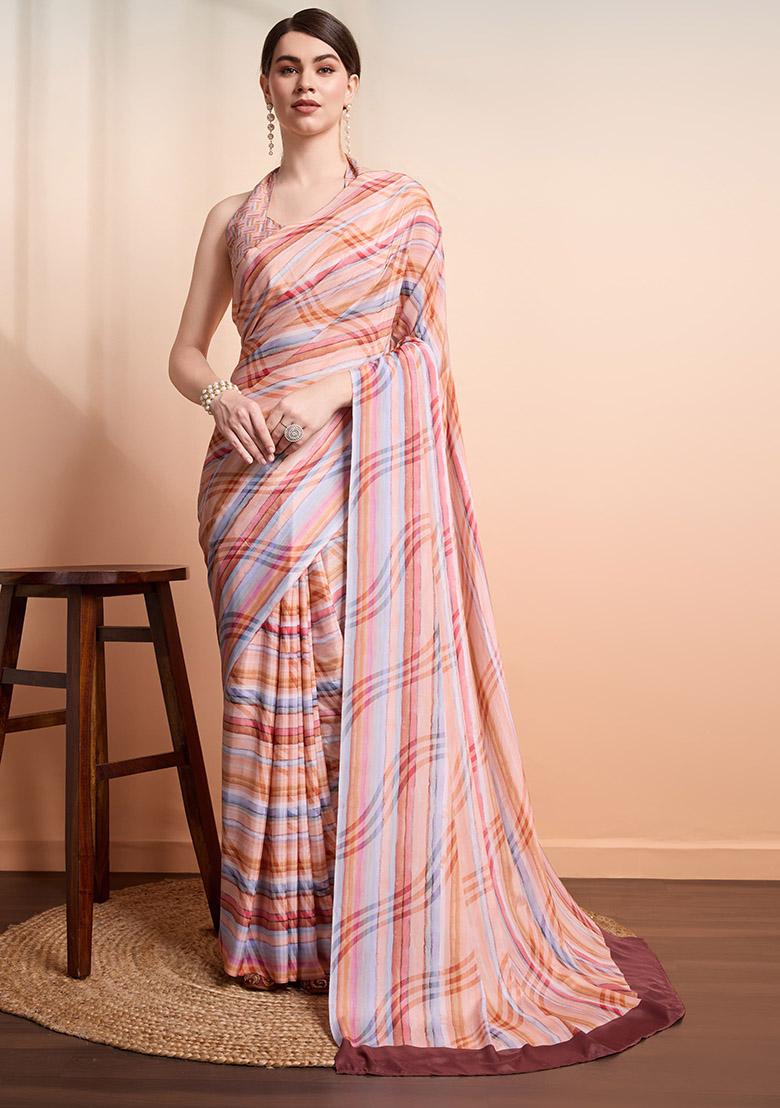 Peach Printed Georgette Saree Set